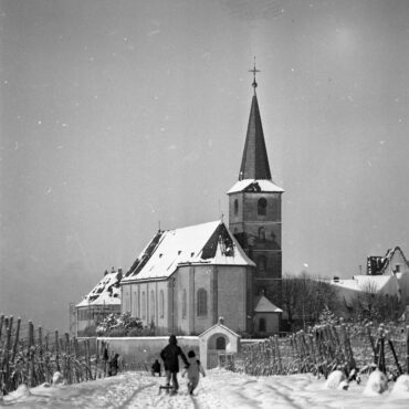 Eine winterliche Szene zeigt die Pfarrkirche St. Peter und Paul, umgeben von verschneiten Weinbergen. Kinder spielen auf dem verschneiten Weg zur Kirche, die mit ihrem hohen Turm und schneebedeckten Dächern in der Winterlandschaft hervorsticht.