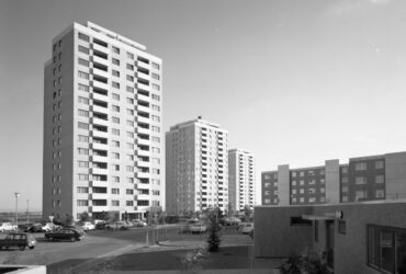 Das Foto zeigt drei Hochhäuser in der Herderstraße. Die Gebäude sind modern und hoch, mit mehreren Balkonen und umgeben von parkenden Autos und kleinen Grünflächen.