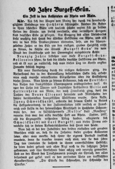 Der Artikel berichtet über das 90-jährige Jubiläum der Sektkellerei Burgeff in Hochheim, die als älteste Sektkellerei am Rhein gefeiert wird. Es wird die traditionsreiche Geschichte des Unternehmens beleuchtet, einschließlich seiner bedeutenden Rolle in der deutschen Sektproduktion und den engen Verbindungen zu französischen Champagnertraditionen. Die Feierlichkeiten wurden im Kreise enger Freunde in den historischen Kellereien begangen.