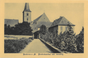 Das Bild zeigt eine historische Südansicht von Hochheim. Im Vordergrund sind Weinberge zu sehen, die sich entlang eines Weges erstrecken. Dahinter befindet sich der Domänenhof, dessen Gebäude sich entlang des Weges zieht. Im Hintergrund ist die Kirche St. Peter und Paul mit ihrem markanten Kirchturm zu sehen.